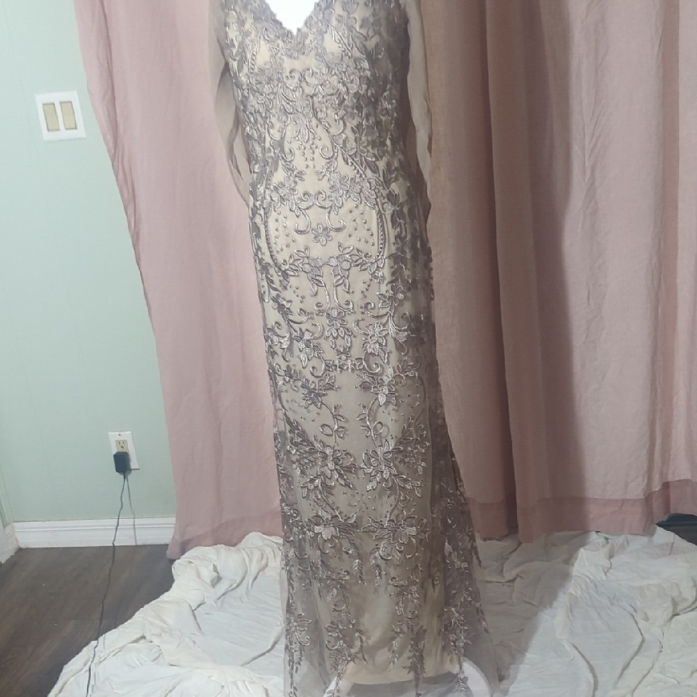Embellished Lace Maxi Dress in Champagne Taupe